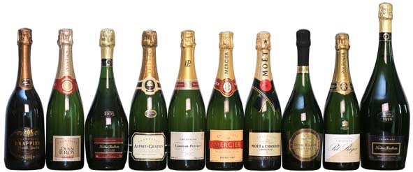 Champagne Drappier Grande Sendrée brut 2005 (65 €) - Champagne Duval Leroy, Fleur de Champagne brut (32,70 €) - Champagne Nicolas Feuillate, brut cuvée 225, millésimé 2005 (42 €) - Champagne Alfred Gratien brut millésimé 2000 (56 €) - Champagne Laurent-Perrier brut  (34,90 €) - Champagne Mercier demi-sec (22 €) - Champagne Moët & Chandon Impérial brut (34 €) - Champagne G.H Mumm cuvée Prestige 1999 R.Lalou (137 €) - Champagne Pol Roger extra cuvée de réserve brut (35 €) - Champagne Nicolas Feuillate, magnum brut millésimé cuvée spéciale 1996 (71 €) 