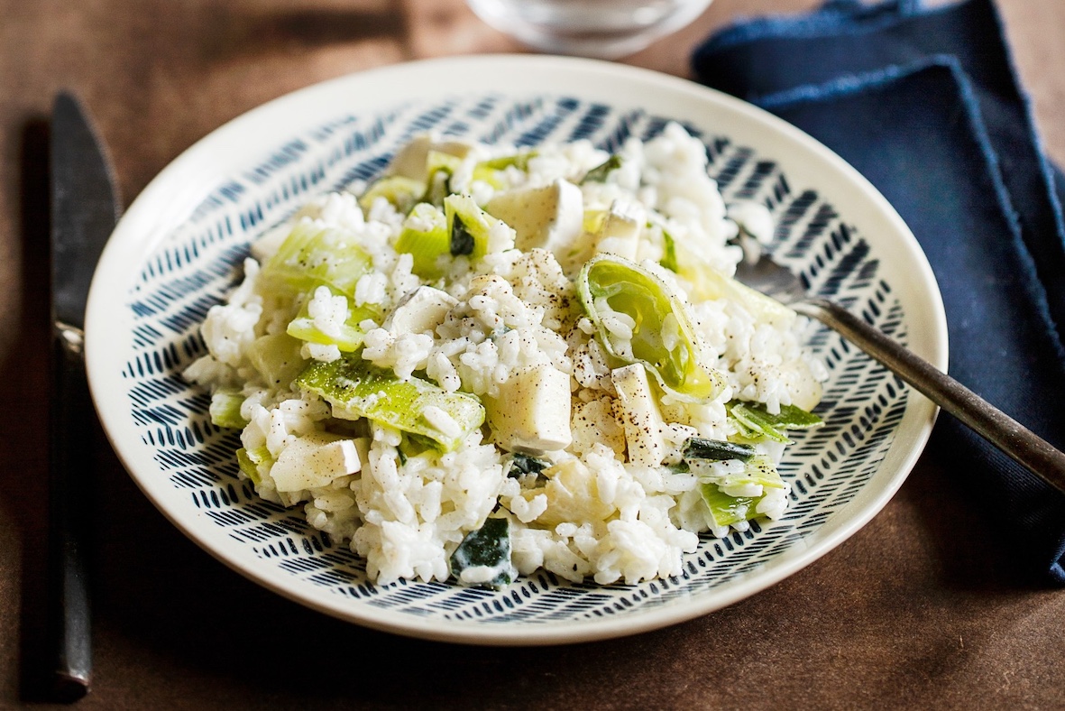 Risotto à la bûchette de chèvre affinée et aux poireaux
