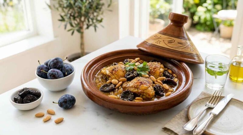 Tajine de poulet aux prunes et amandes
