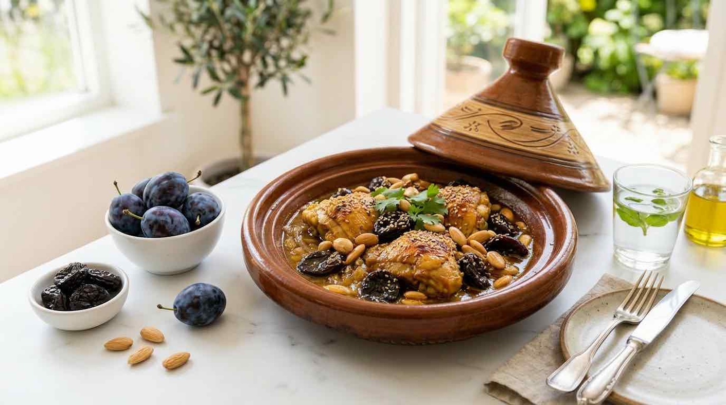 Tajine de poulet aux prunes et amandes